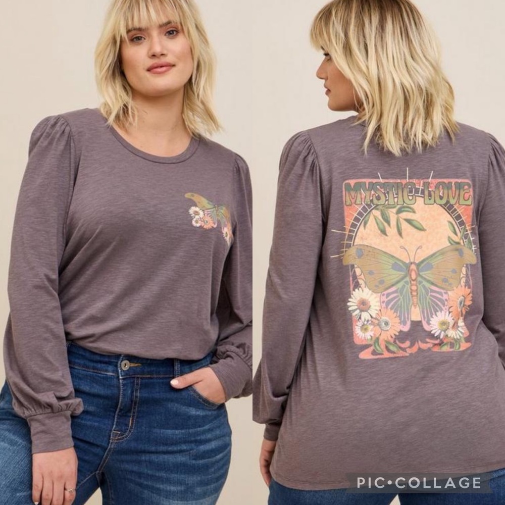 Torrid Mystic Love Super Soft Slub Crew Neck
Puff Sleeve Color Foil Top